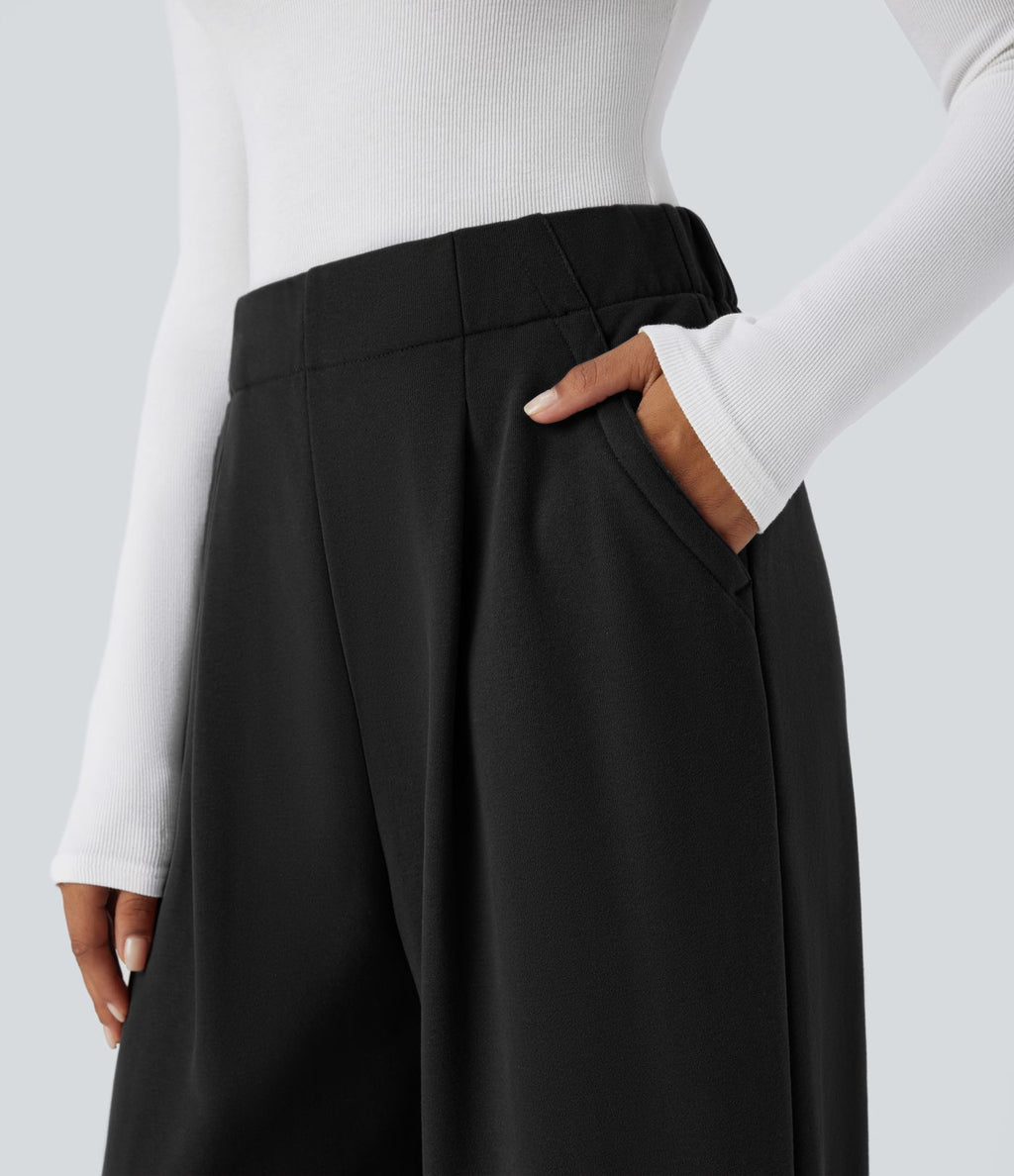 Pantalon Jogging Thermique Taille Haut Jambes Larges Poche Latérale Plissée en Fleece