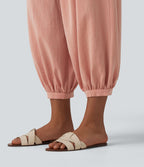 Pantalon décontracté coupe ballon taille haute aspect lin avec poches