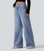 Jean baggy asymétrique Halara Flex™ taille haute effet délavé avec poches