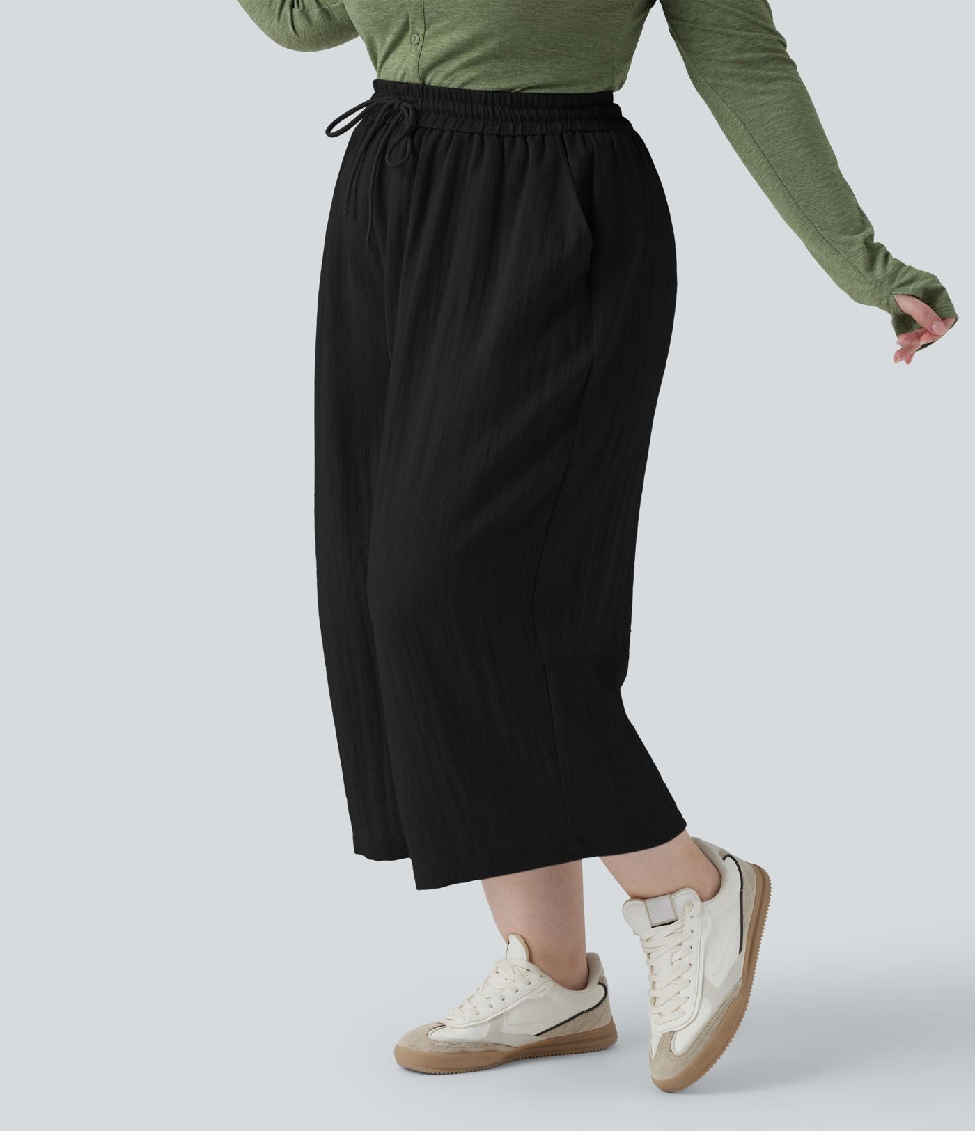 Pantalon grande taille large fluide taille haute avec cordon de serrage, poches et aspect lin