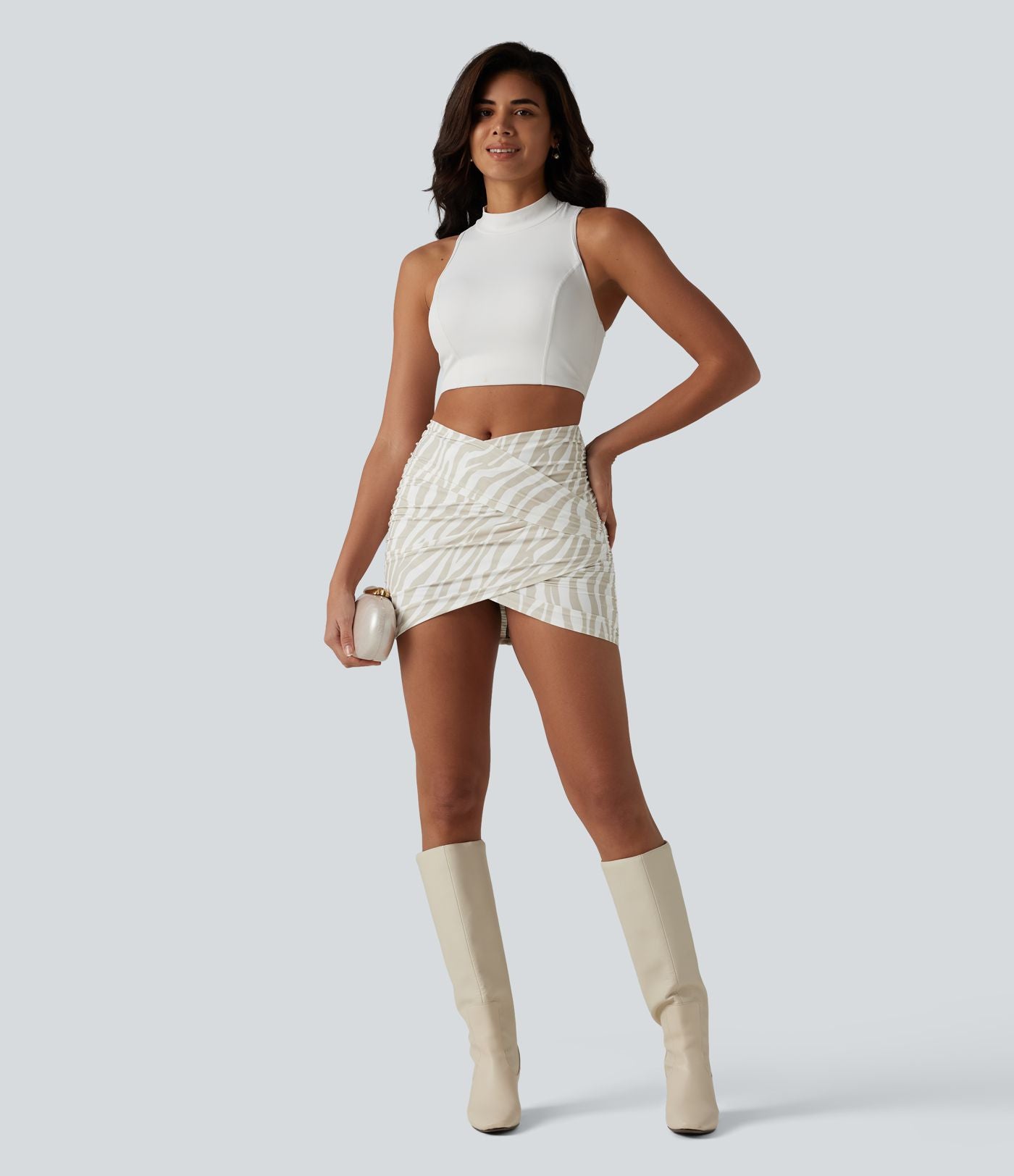 Jupe de soirée mini moulante Halara UltraSculpt™ 2-en-1 imprimée léopard croisée taille haute