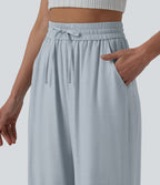 Pantalon casual large fluide mélange lin taille haute avec cordon de serrage et poches