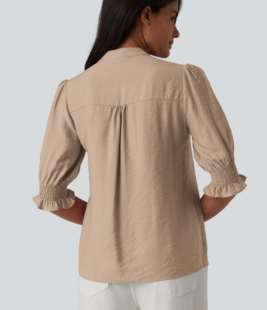Blouse décontractée à col en V et manches courtes bouffantes