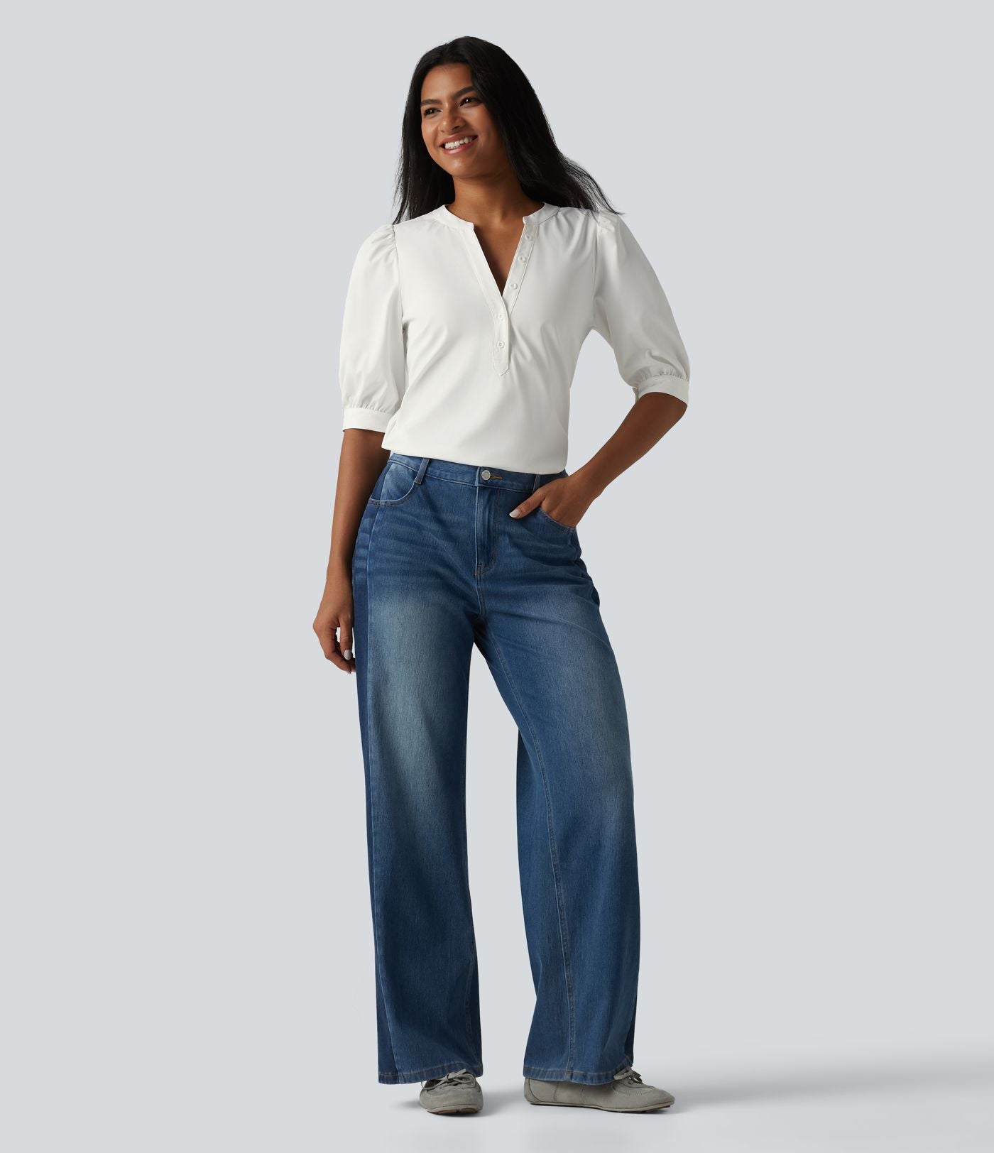 Blouse décontractée col Henley manches bouffantes mi-longues