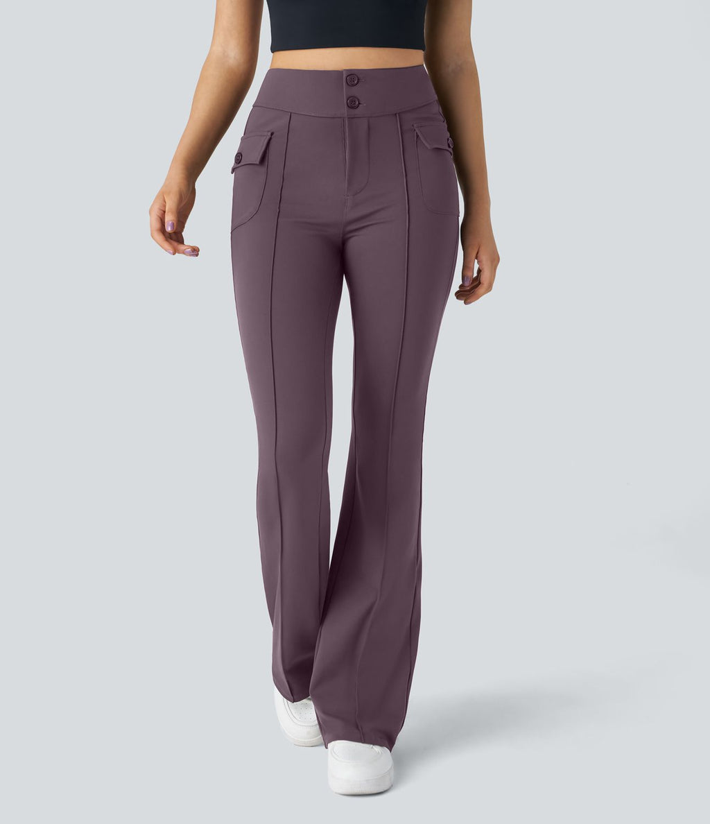 Pantalon cargo décontracté évasé taille haute avec poches à rabat latérales