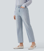 Jean 7/8 décontracté délavé taille haute coupe droite Halara Flex™ avec poches