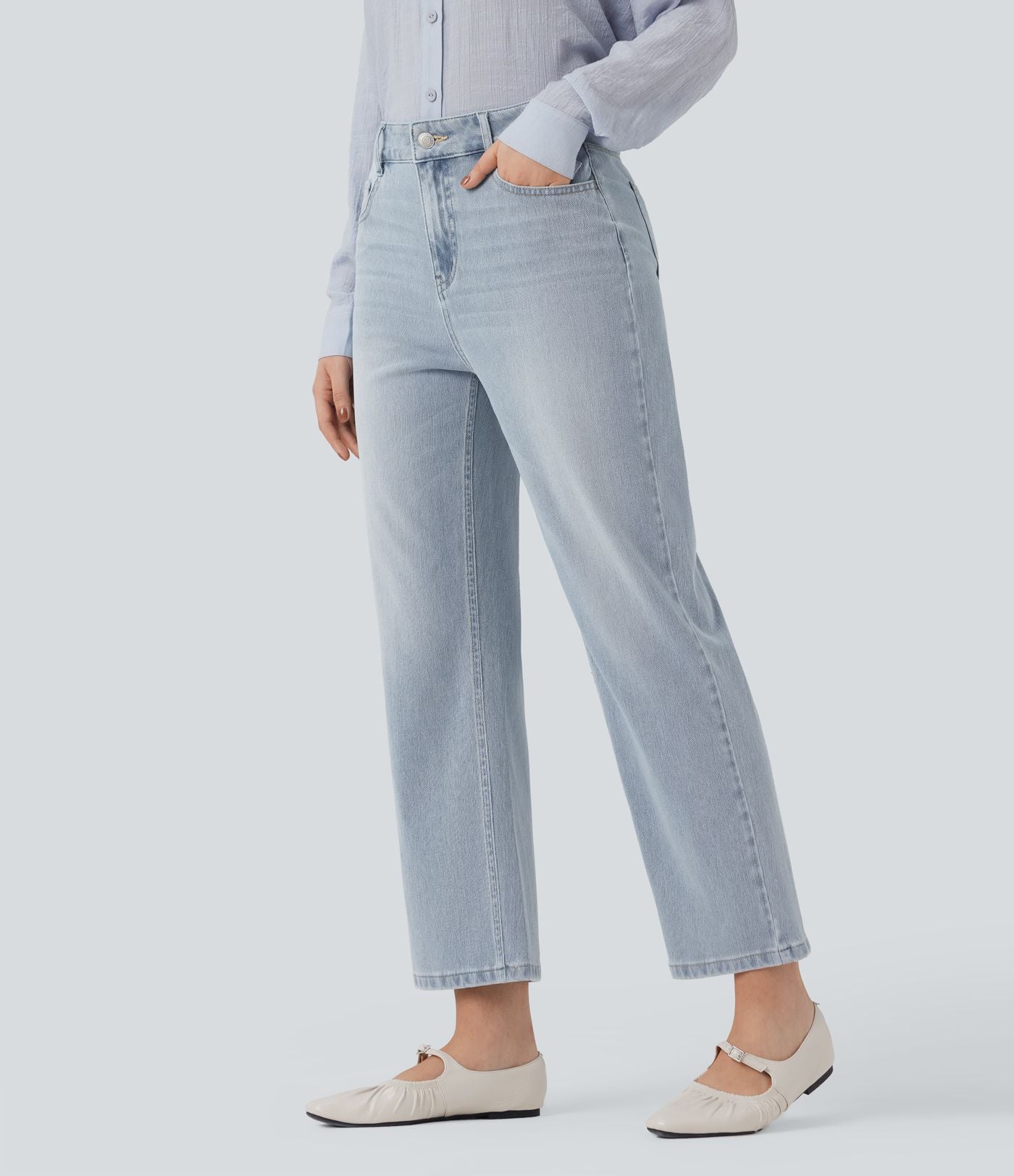 Jean 7/8 décontracté délavé taille haute coupe droite Halara Flex™ avec poches