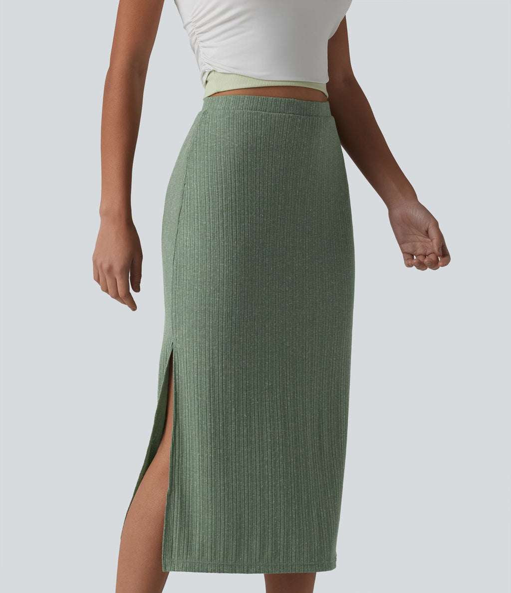Jupe midi moulante côtelée taille haute aspect lin décontractée