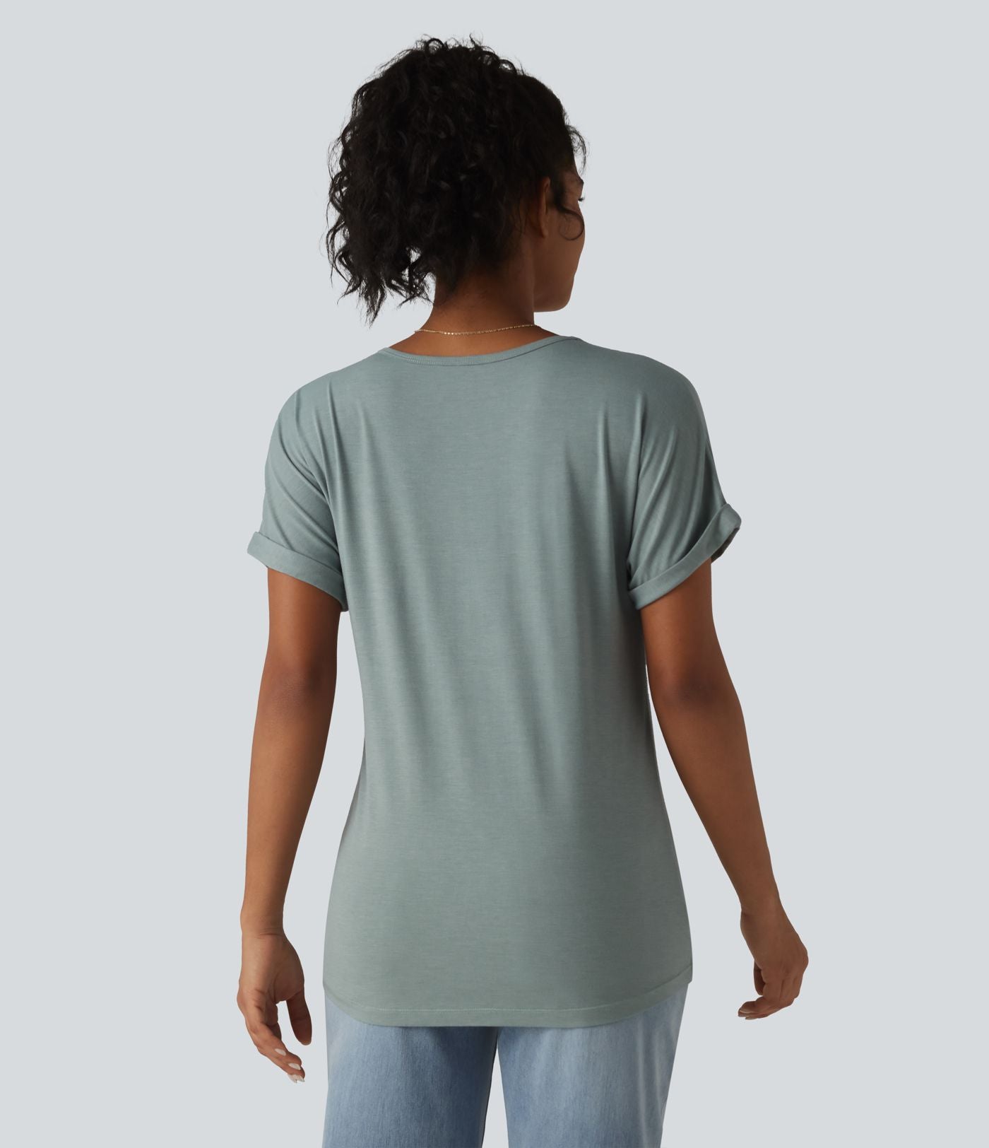 T-shirt décontracté col V à manches chauve-souris courtes