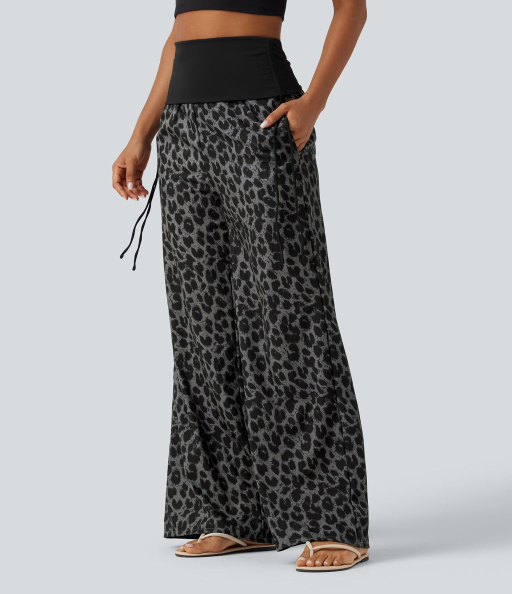 Pantalon baggy casual à imprimé léopard taille haute à revers avec fronces, cordon et poches
