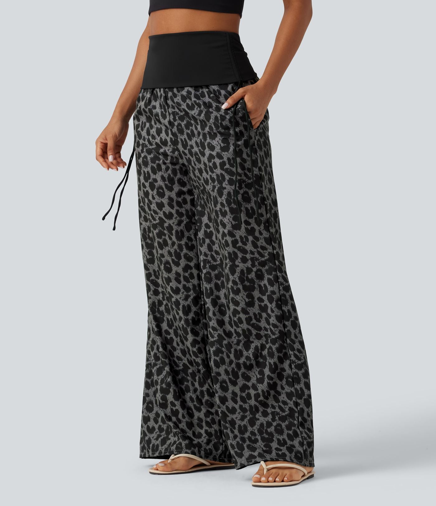 Pantalon baggy casual à imprimé léopard taille haute à revers avec fronces, cordon et poches