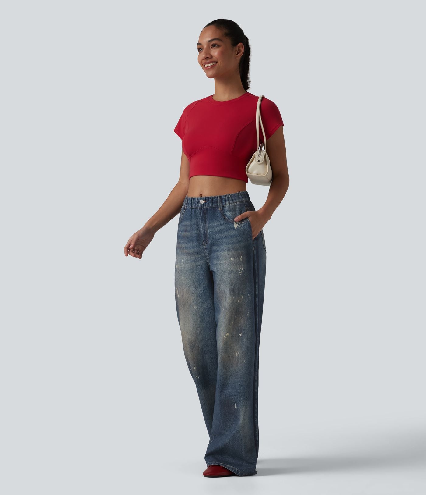 Jean de survêtement décontracté à rayures en tissu éponge français imprimé denim taille mi-haute avec poches