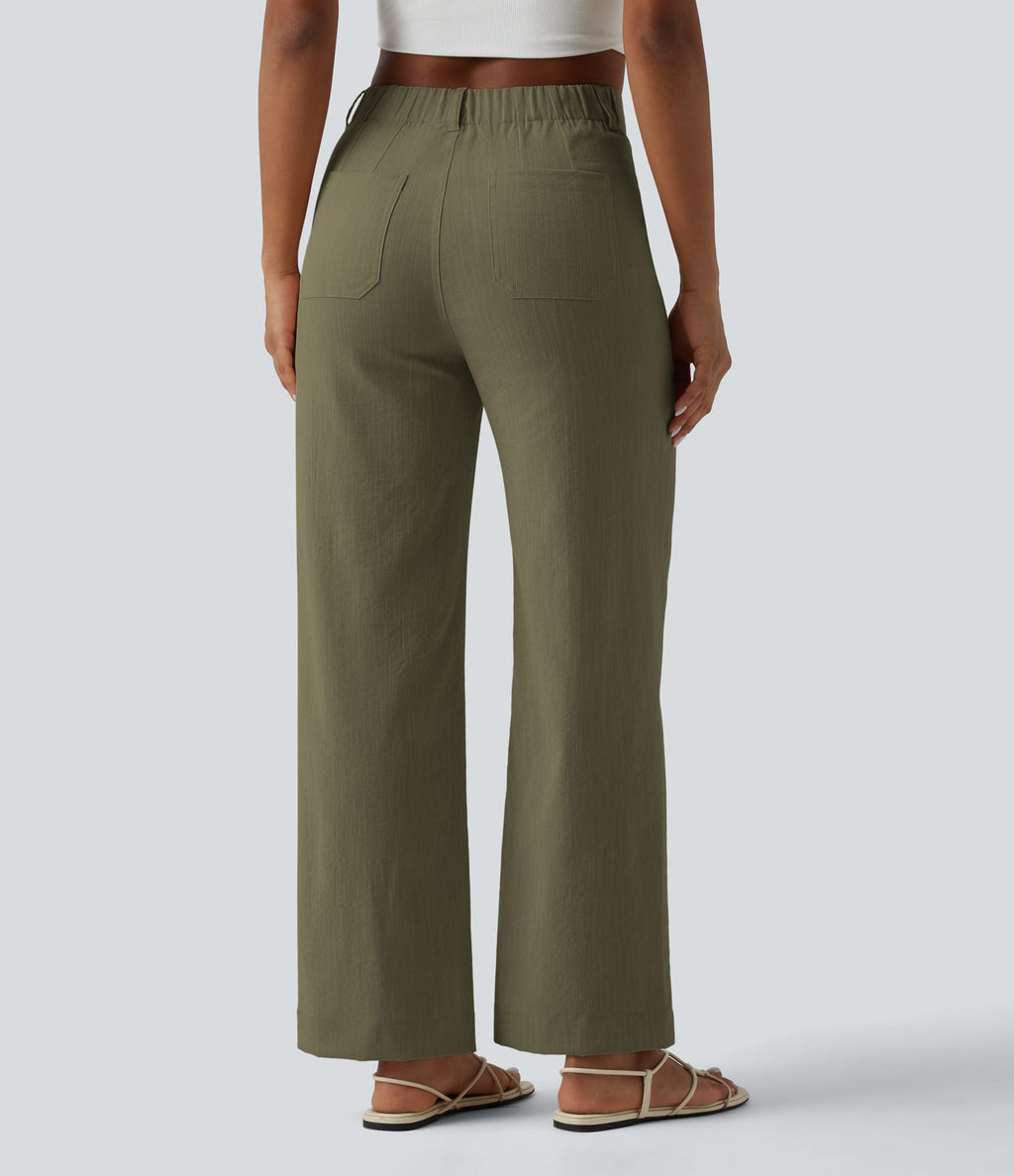 Pantalon taille haute coupe droite effet lin avec poches