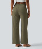 Pantalon taille haute coupe droite effet lin avec poches