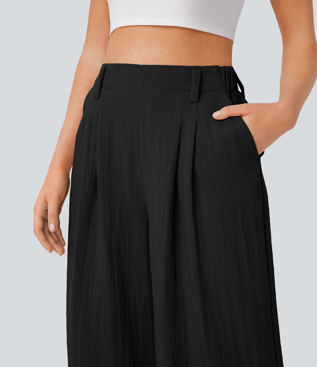 Pantalon décontracté palazzo capri uni effet lin, taille haute, large, avec poches