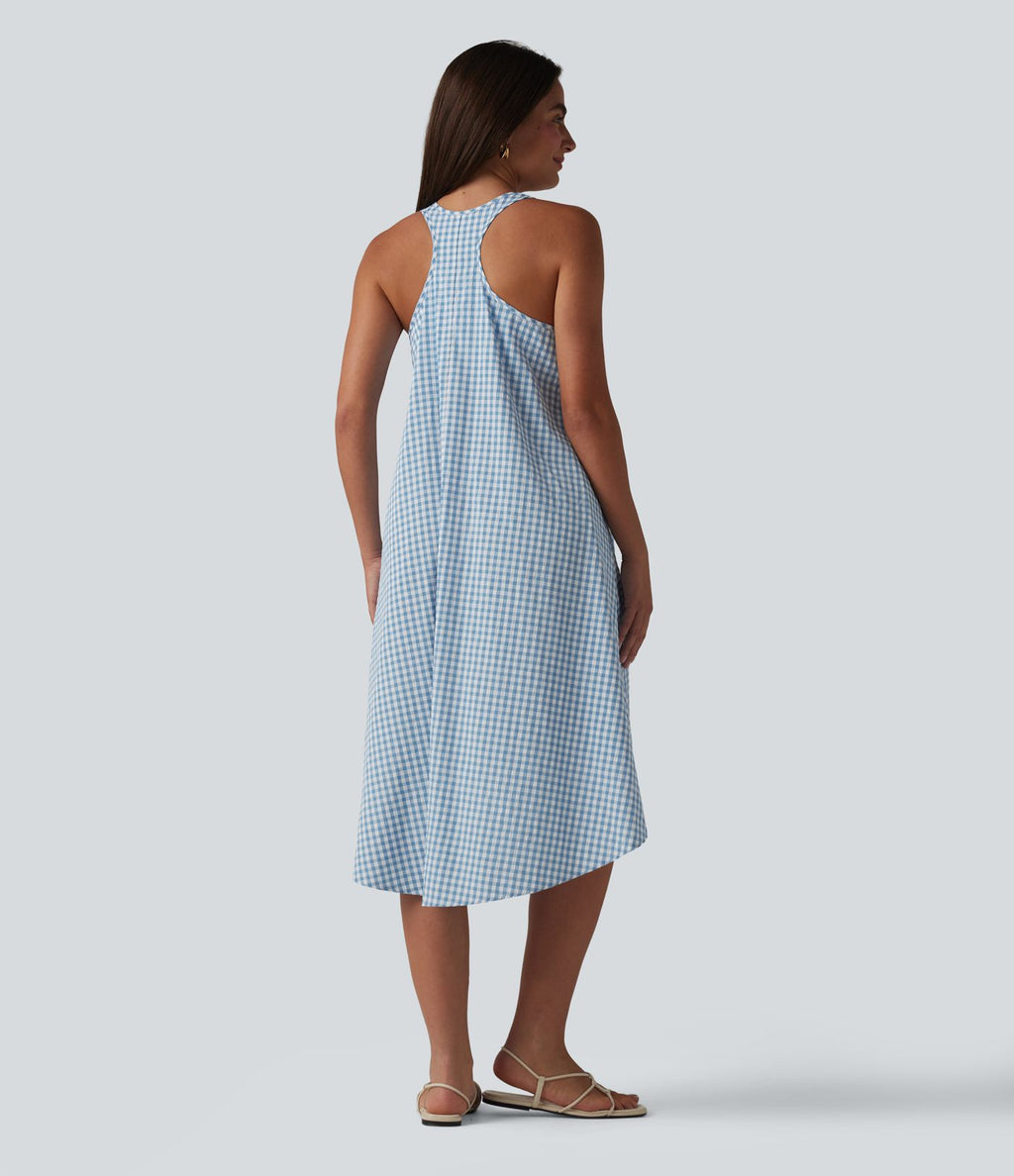 Robe midi resort fluide à carreaux vichy dos nu dos nageur coupe asymétrique avec soutien-gorge intégré et poches