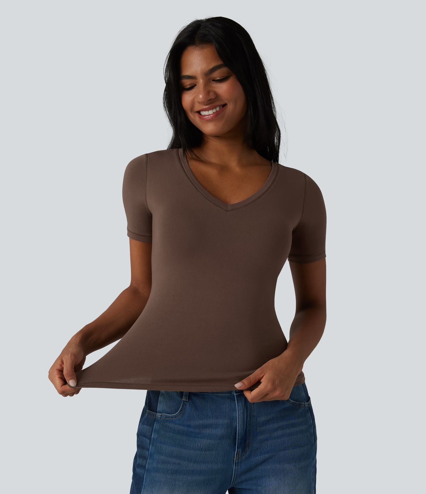 Halara T-shirt décontracté en jersey de coton col V manches courtes avec soutien-gorge intégré bonnets B-DD