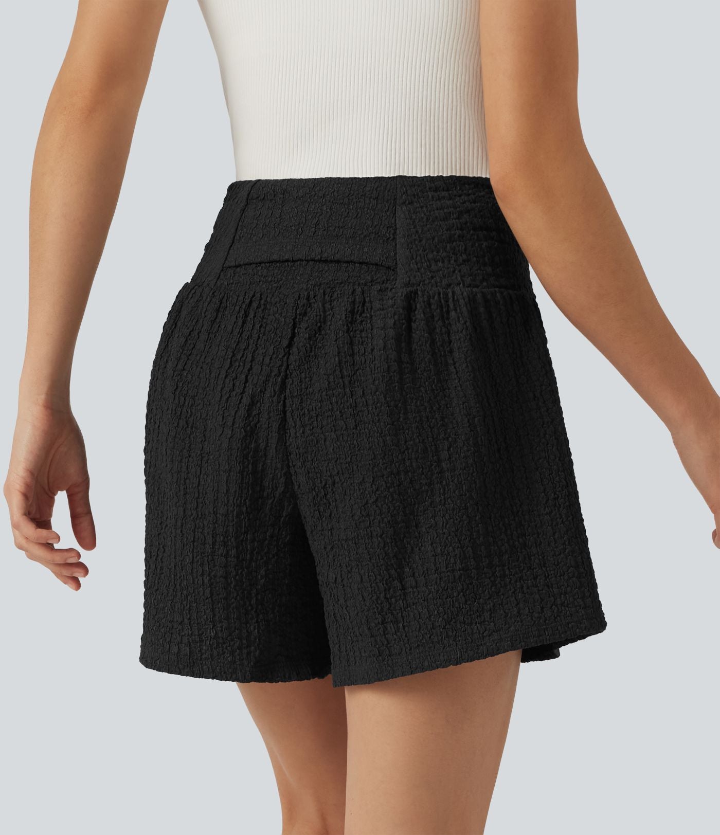 Short baggy 2-en-1 casual en tissu froissé taille haute avec poches