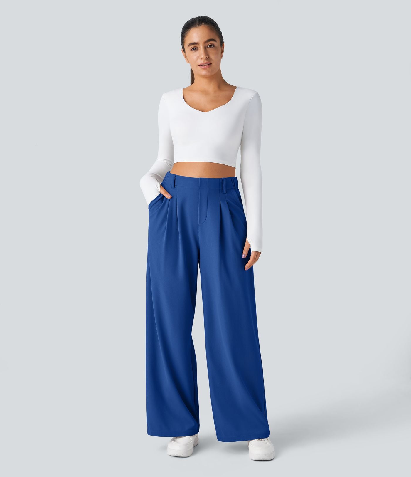 Pantalon Tailleur Large Fluide Halara Flex™ Gaufré Taille Haute Poches Latérales