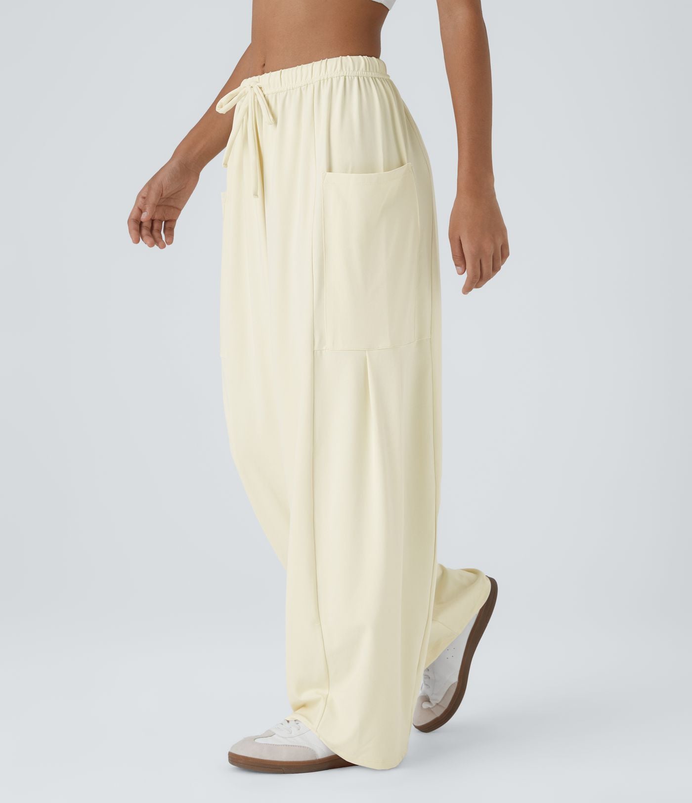 Pantalon Large Fluide Taille Mi-Haute Taille Élastique Cordon Poches Latérales Ourlet Flottant
