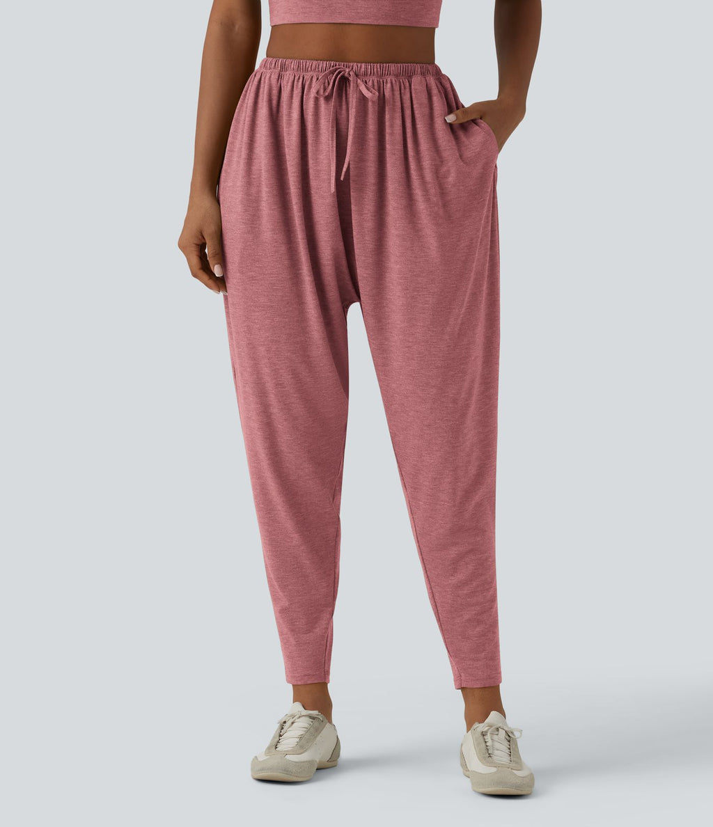 Pantalon sarouel décontracté chiné taille haute avec cordon de serrage et poches