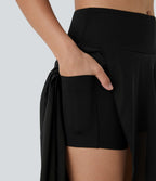Jupe Longue Fluide Taille Haute à Volants 2 en 1 Poche Latérale Évasée en Mesh Casual Quotidien