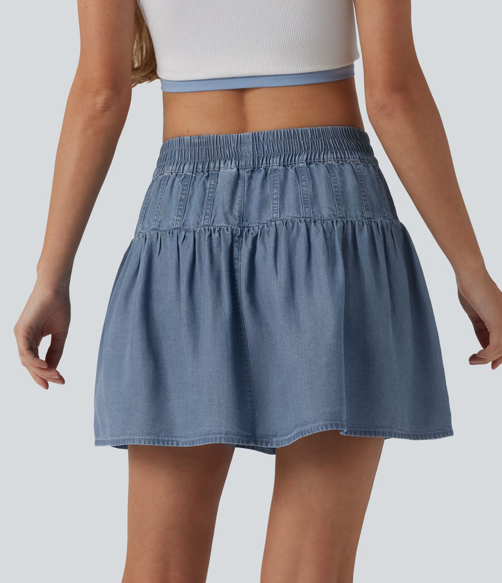 Jupe mini casual trapèze en denim lyocell drapé taille mi-haute