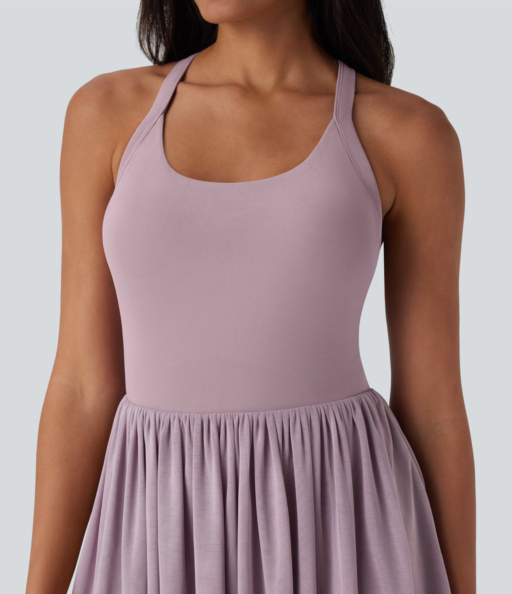 Robe de danse courte 2-en-1 dos nu torsadée résille avec poche latérale