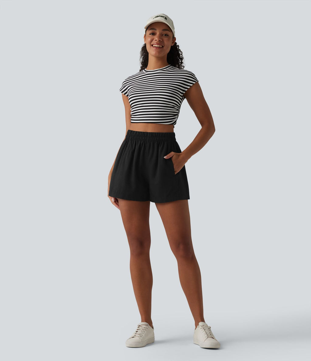 Short ample décontracté taille haute en lyocell et lin mélangés, avec poches