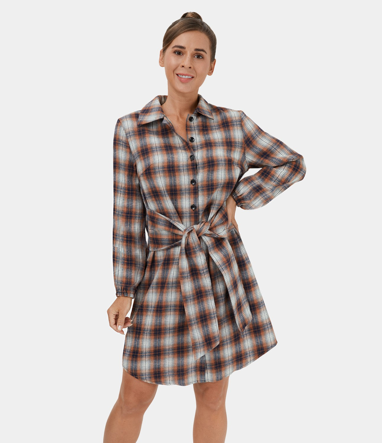 Robe Casual de Mini à Carreaux avec Col Boutons et Nœud à l'Avant