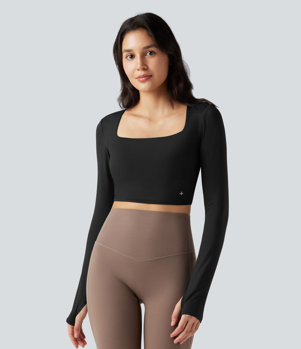 Haut de sport yoga court SoftlyZero™ Airy dos nu croisé col carré effet frais InstantCool manches longues avec passe-pouces, protection solaire UPF50+