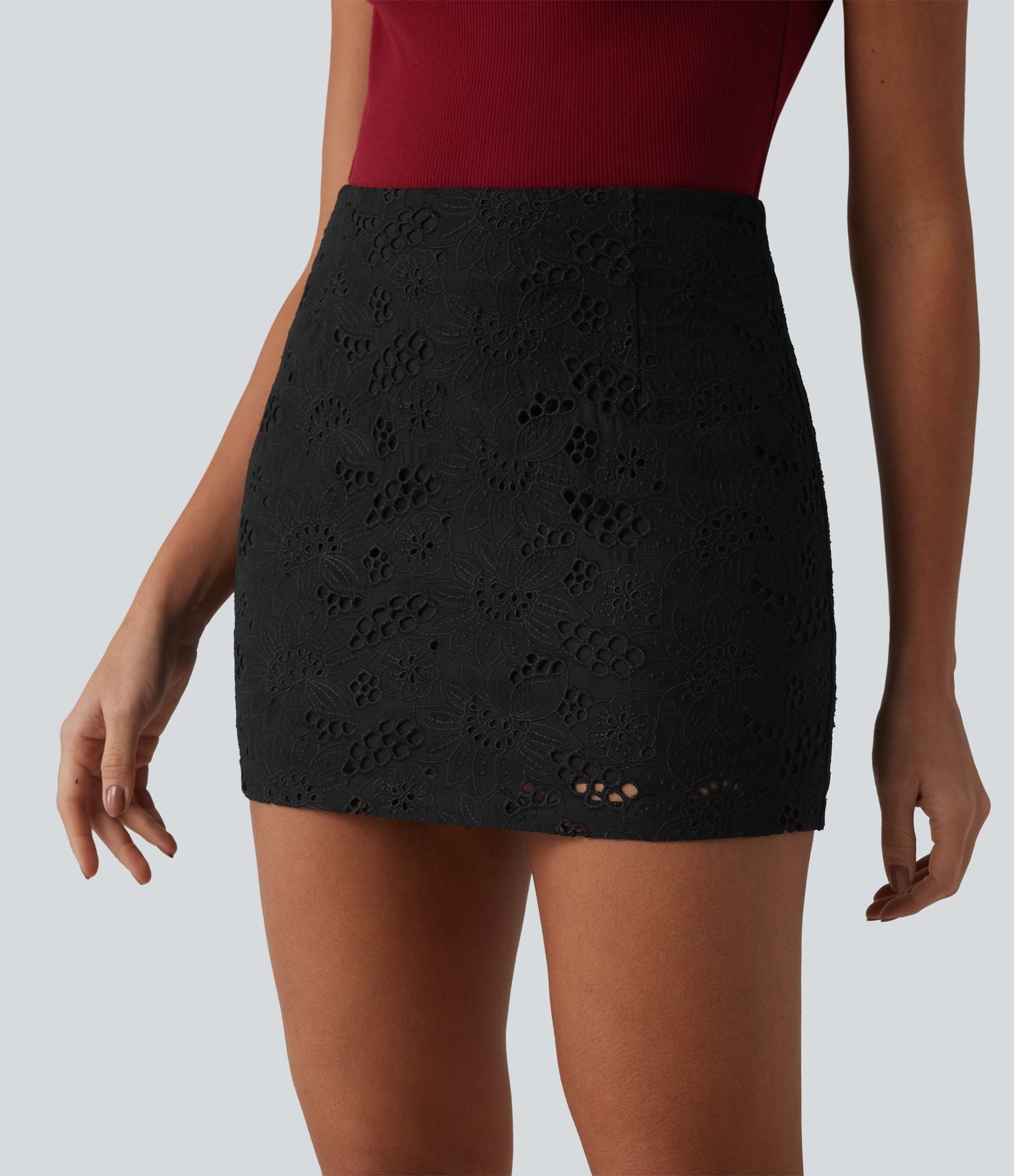 Jupe mini trapèze 2-en-1 taille haute avec fermeture éclair invisible et broderie anglaise