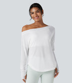 Top de sport yoga une épaule séchage rapide ourlet arrondi asymétrique manches longues avec trous pouces - Brassière intégrée