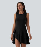 Robe mini décontractée SoftlyZero™ Airy col rond sans manches à volants superposés effet frais InstantCool