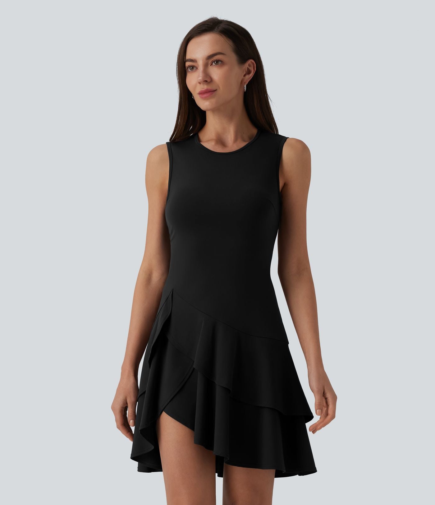 Robe mini décontractée SoftlyZero™ Airy col rond sans manches à volants superposés effet frais InstantCool