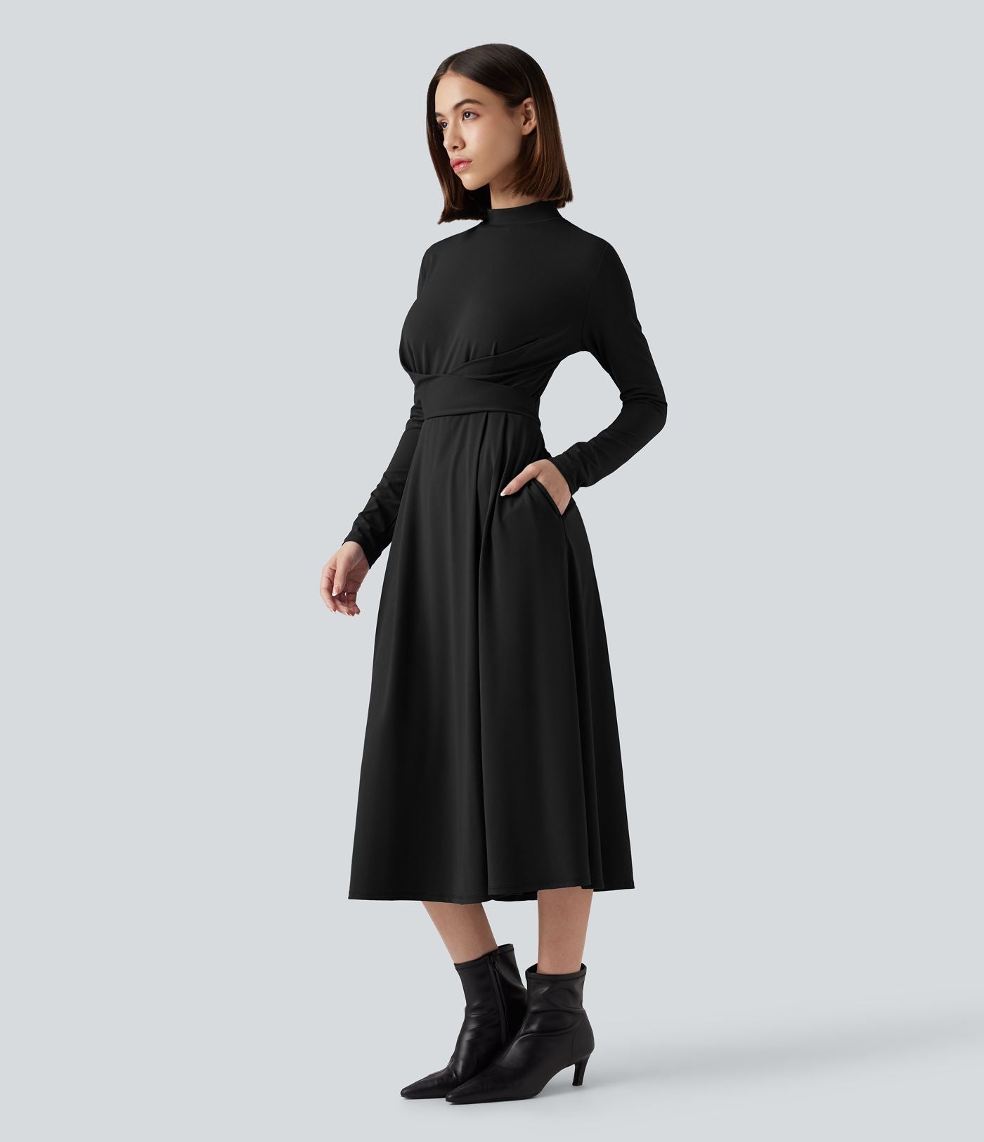 Robe de travail mi-longue col montant à manches longues avec poches