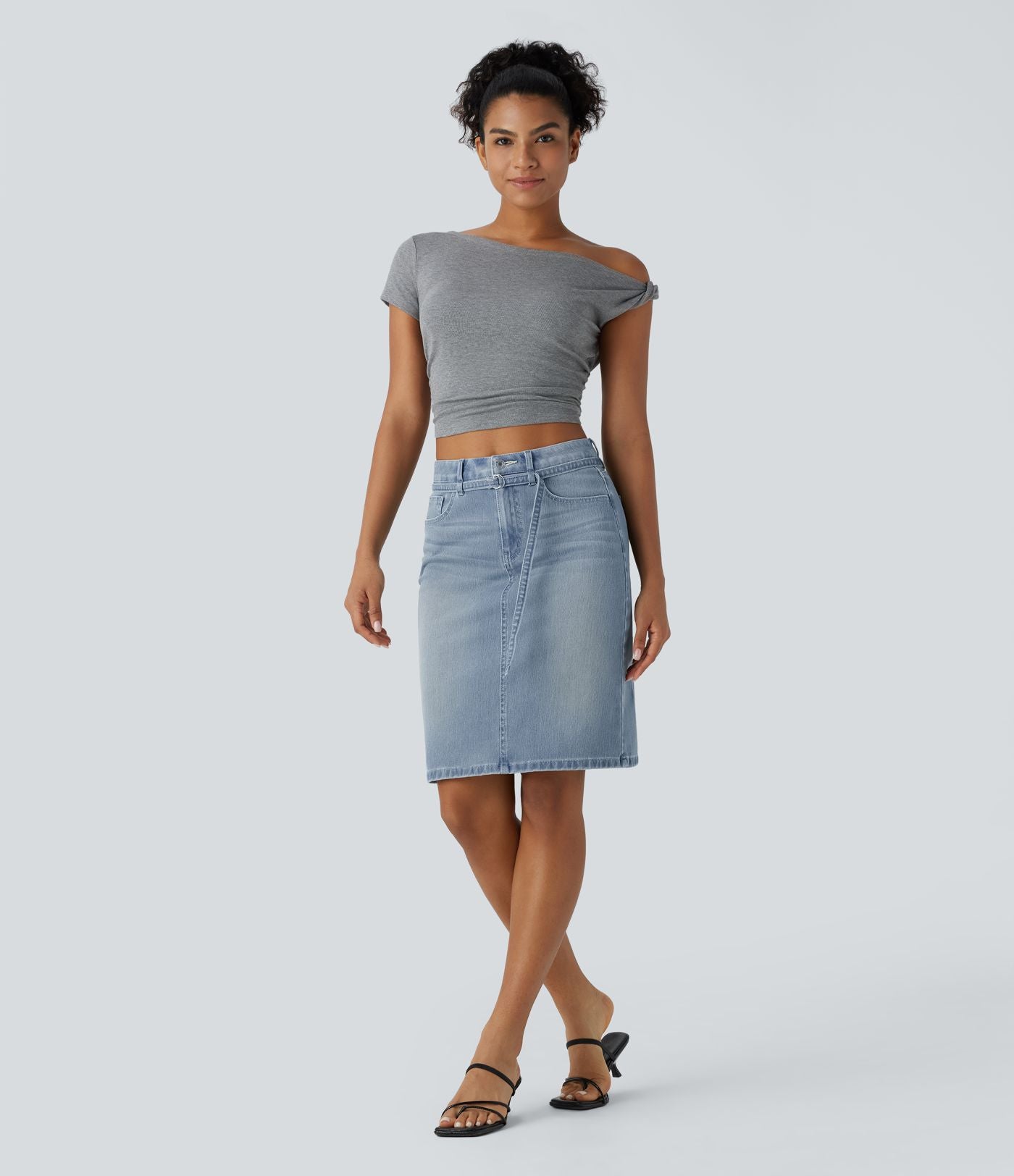 Jupe en Jean midi décontractée extensible délavée à taille moyenne avec boutons, fermeture éclair, poches multiples et fente