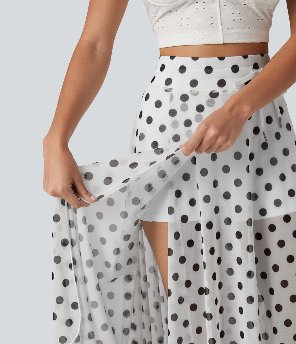 Jupe-short midi fluide évasée taille haute style vacances en mesh à pois avec cordon de serrage et poches