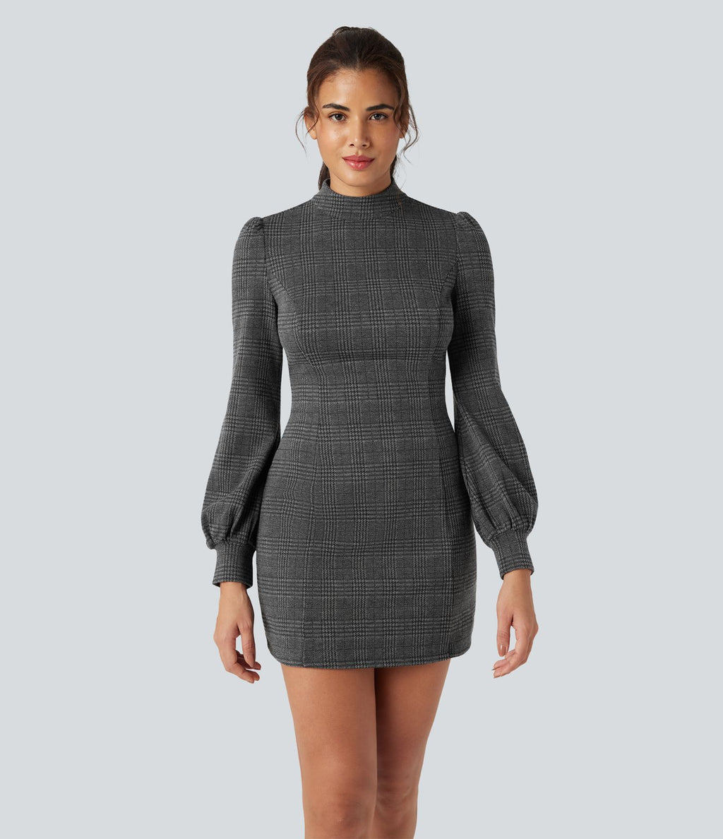 Robe courte col montant manches longues pied-de-poule carreaux