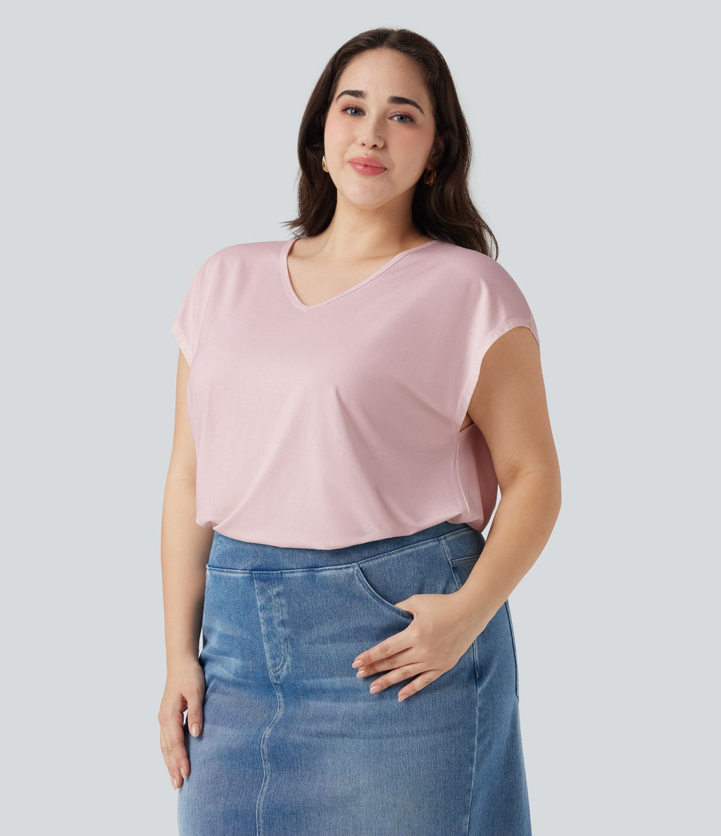 T-shirt décontracté grande taille col V manches courtes