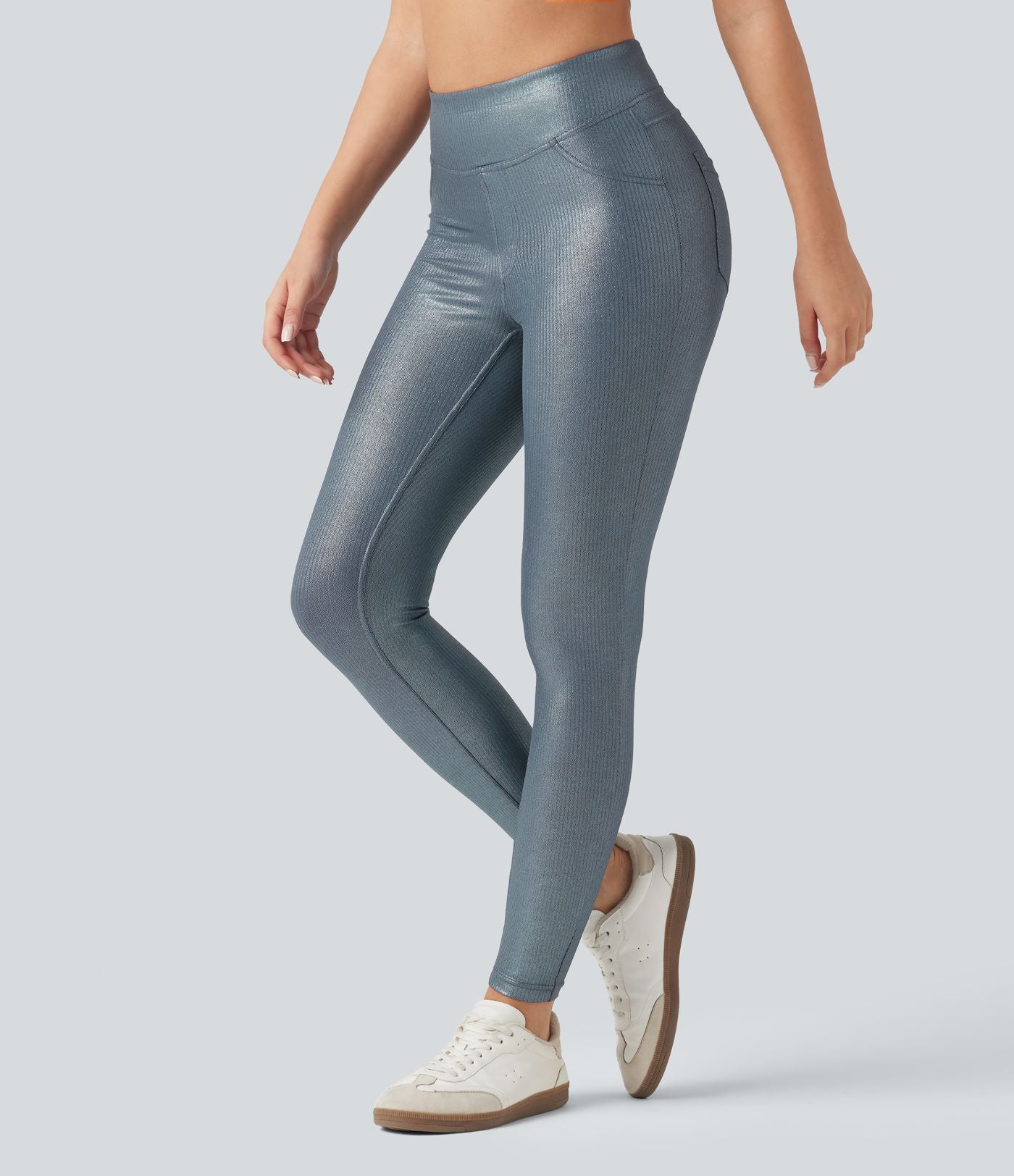 Leggings de yoga taille haute en maille côtelée avec imprimé métallisé et poches
