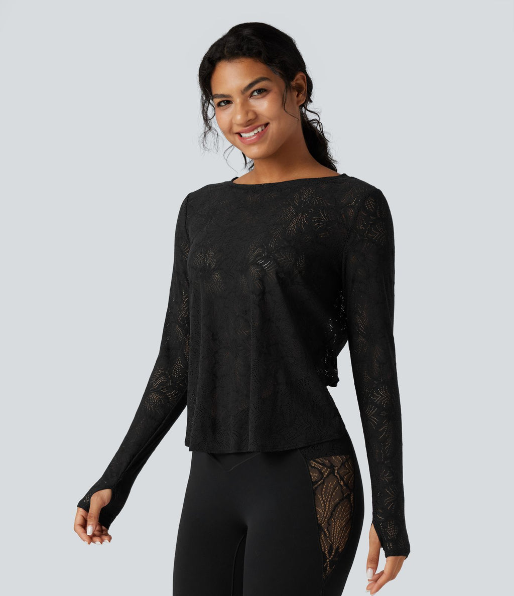 Top de sport yoga dentelle col rond manches longues liens dans le dos avec trous pouces
