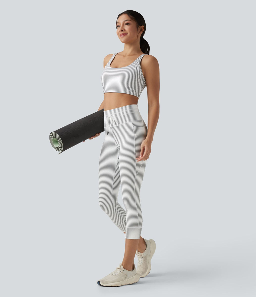 Legging corsaire de yoga taille haute à rayures avec cordon de serrage et poches