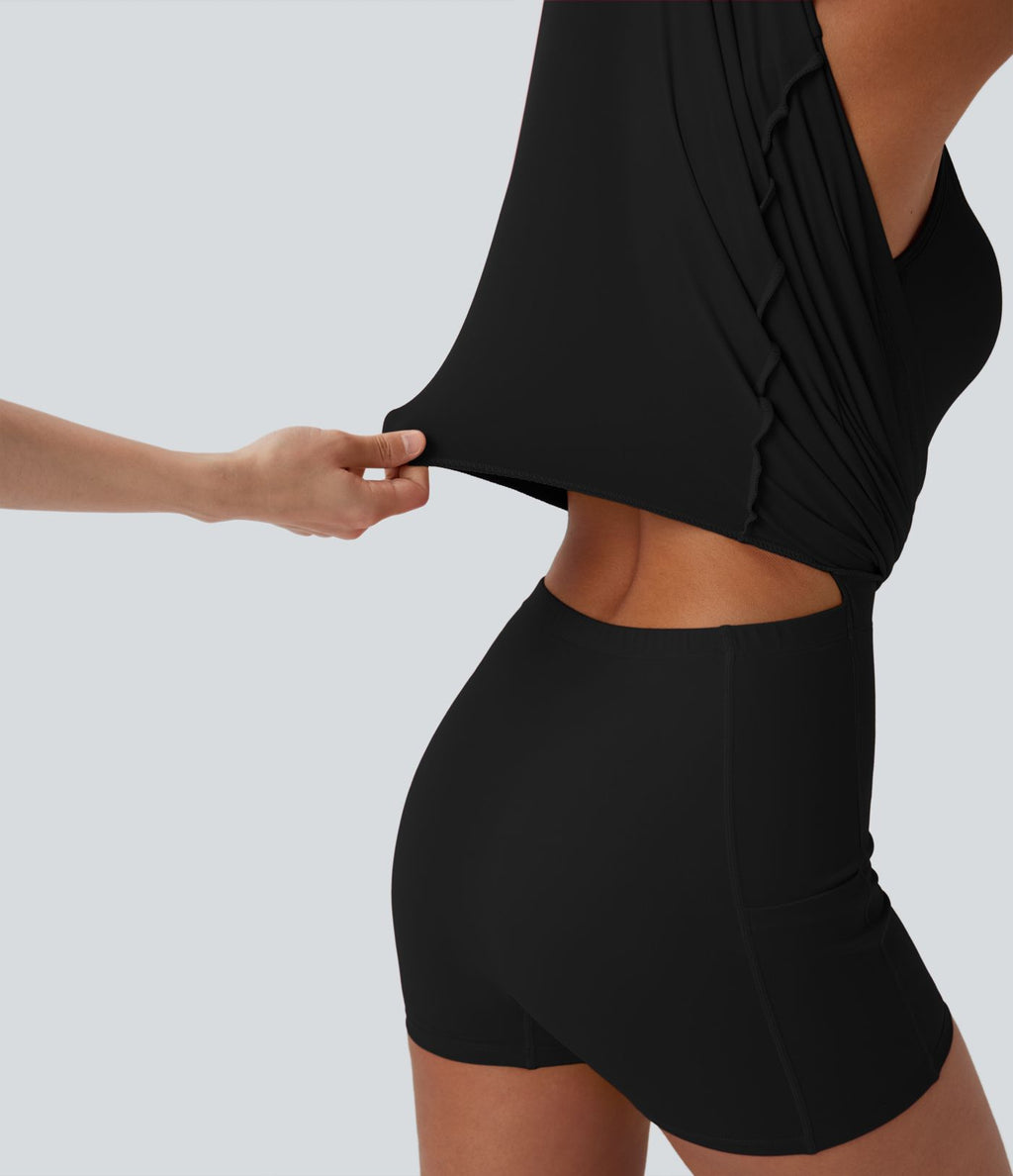 Robe de yoga active 2-en-1 Softlyzero™ Plush dos nu avec bonnets moulés push-up fermeture éclair bretelles ajustables et poches - Easy Peasy