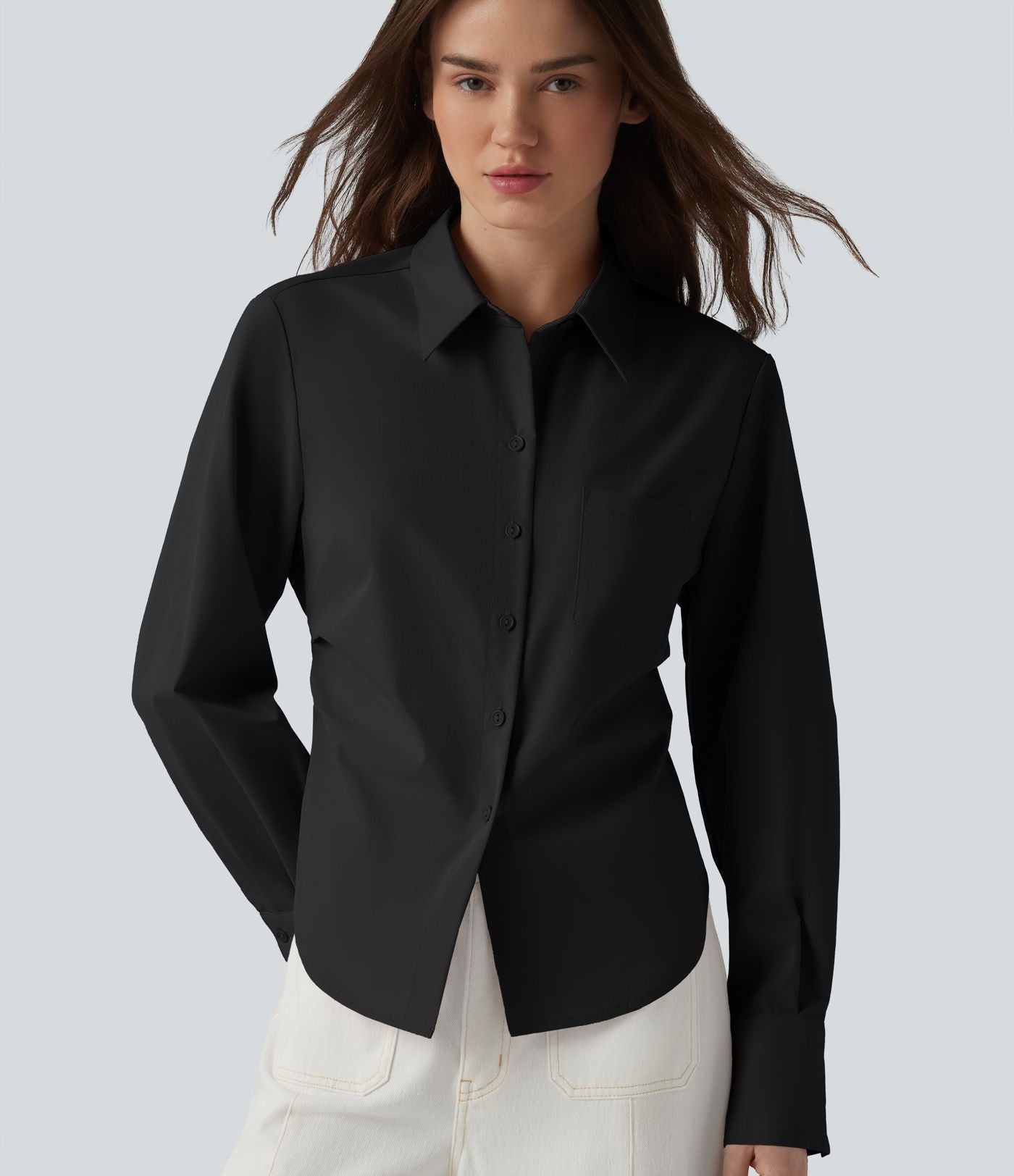 Chemise décontractée manches longues ourlet arrondi avec poche