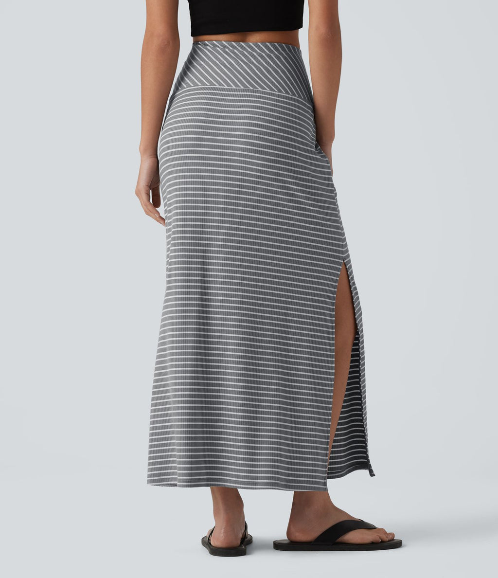 Jupe longue casual gainante taille haute à rayures et fente avec poches