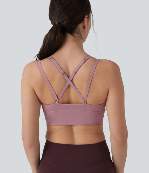Brassière de sport yoga maintien léger dos croisé ouvert bretelles réglables froncée avec brassière intégrée, à effet frais InstantCool et séchage rapide, protection solaire UPF50+
