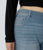 Jean décontracté Halara Flex™ grande taille, taille haute, multiples poches, jambes droites, effet délavé, en maille extensible