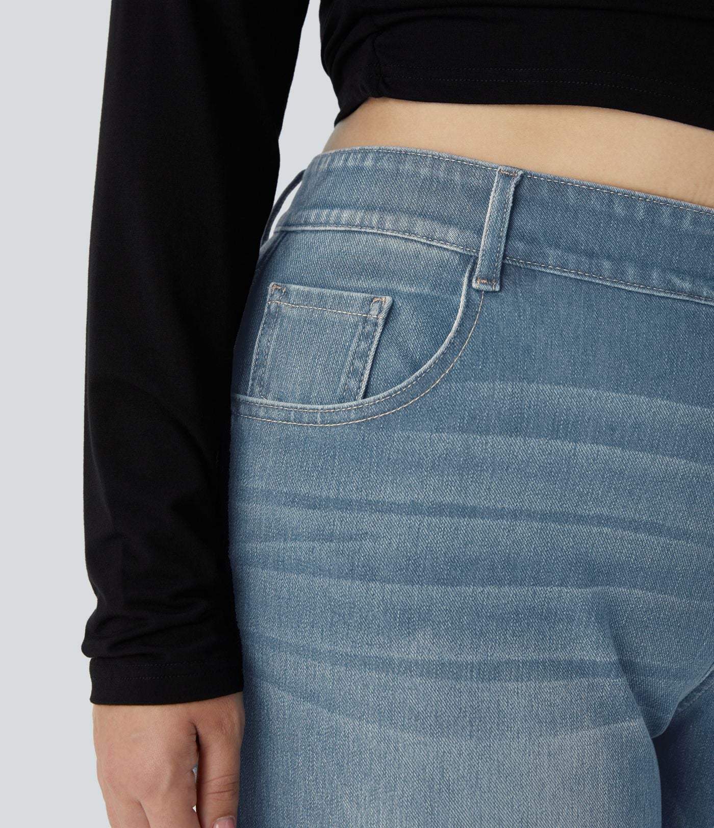 Jean décontracté Halara Flex™ grande taille, taille haute, multiples poches, jambes droites, effet délavé, en maille extensible