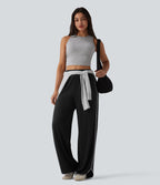 Pantalon large casual color block taille haute à ourlet arrondi avec poches